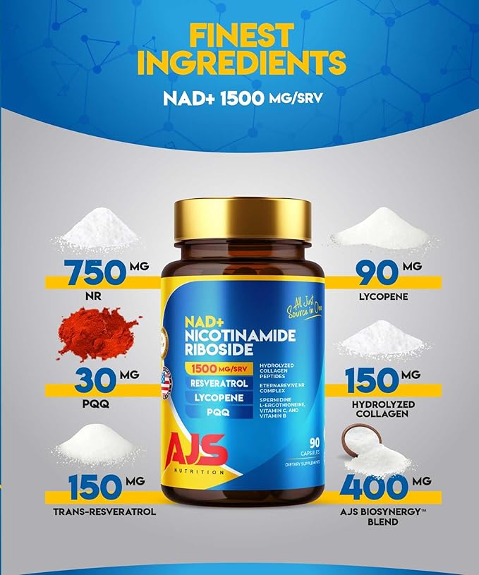 AJS NAD+ Cellular Energy – NR Supplement with PQQ, Resveratrol, Lycopene, Spermidine, L-Ergothioneine, and Collagen Peptides – 90 Capsules for Cellular Support & Skin Health