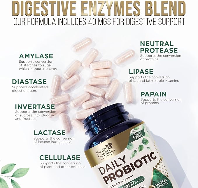 Probiotics 60 Billion CFU + 10 Strains - Daily Probiotic for Immune, Digestive & Gut Support, Prebiotics and Probiotics Supports Occasional Constipation, Gas & Bloating for Women & Men - 60 Capsules
