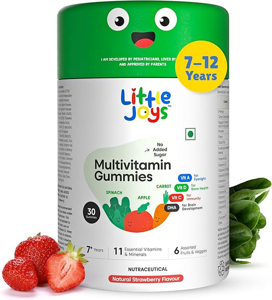 Multivitamin Gummies for Kids |7-12 Years| No Added Sugar |DHA, Vitamin D3, B12, C, Zinc & Iron | Immunity & Bone Health | No Preservatives I Gluten Free I Strawberry Flavour I 30 Day Pack