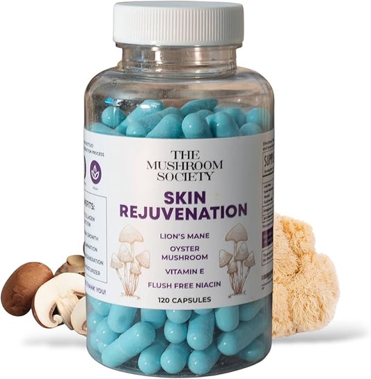 Skin Rejuvenation Supplement - Lion’s Mane, Oyster Mushroom, Vitamin E & Flush Free Niacin -Supports Skin Health & Radiance - 120 Capsules