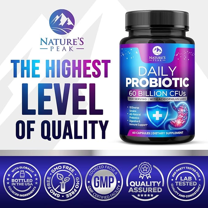 Probiotics 60 Billion CFU - 10 Strains + Digestive Enzymes & Prebiotics - Best Probiotic for Women & Men, Supports Immune, Gut Health, Occasional Constipation, Diarrhea, Gas & Bloating - 60 Capsules