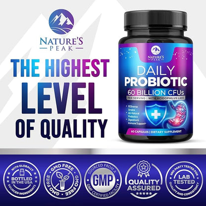 Probiotics 60 Billion CFU - 10 Strains + Digestive Enzymes & Prebiotics - Best Probiotic for Women & Men, Supports Immune, Gut Health, Occasional Constipation, Diarrhea, Gas & Bloating - 60 Capsules
