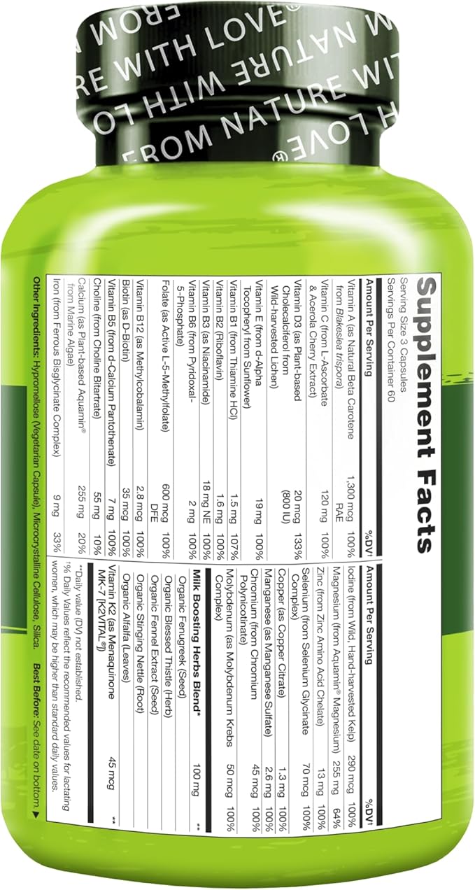 NATURELO Postnatal Multivitamin - Supplement for Breastfeeding Women - Plant-Based Vitamin D, Folate, Gentle Iron - for Nursing Mother, Baby - Post Natal Lactation Support 180 Capsules