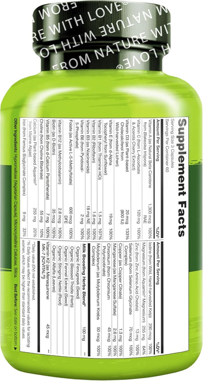 NATURELO Postnatal Multivitamin - Supplement for Breastfeeding Women - Plant-Based Vitamin D, Folate, Gentle Iron - for Nursing Mother, Baby - Post Natal Lactation Support 180 Capsules