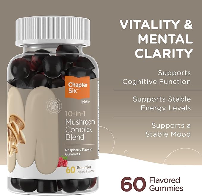 Zahler 10-in-1 Mushroom Gummies Raspberry Flavored with Lions Mane Mushroom, Reishi, Cordyceps, White Button, Plus 6 Adaptogenic Mushrooms 60