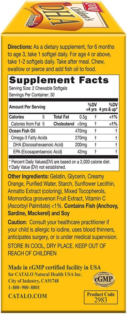 CATALO Children’s DHA Formula – Chewable Softgels with Fish Oil for Kids, 200mg DHA per Serving, Orange Flavor, Easy to Swallow or Mix with Food, 30 Softgels