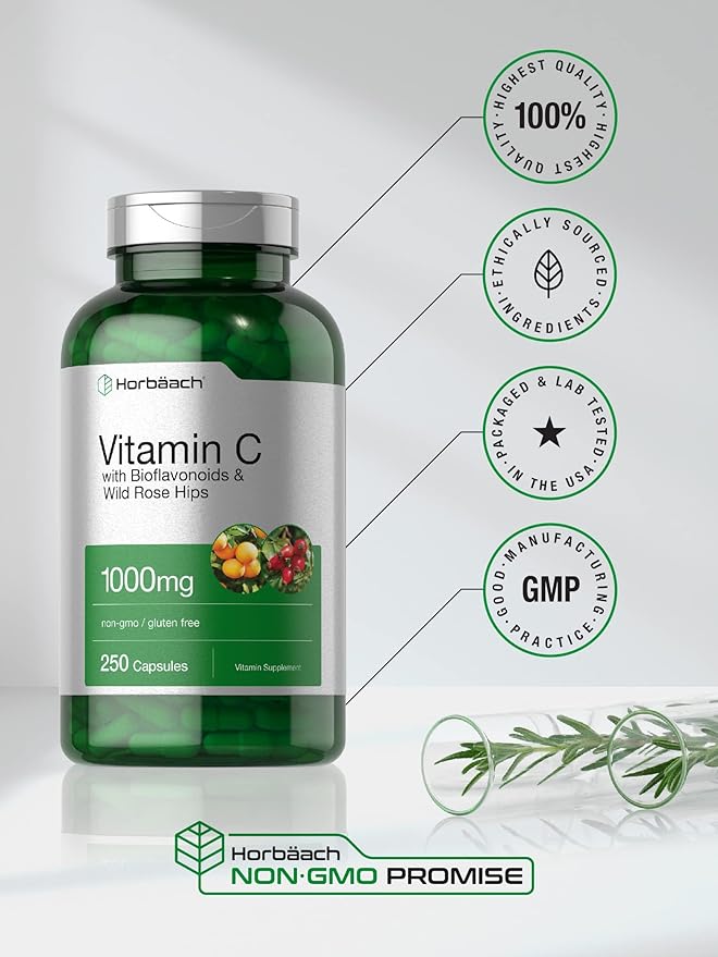 Horbäach Vitamin C 1000mg | 250 Capsules | with Bioflavonoids and Rose HIPS | Non-GMO, Gluten Free Supplement | High Strength Formula