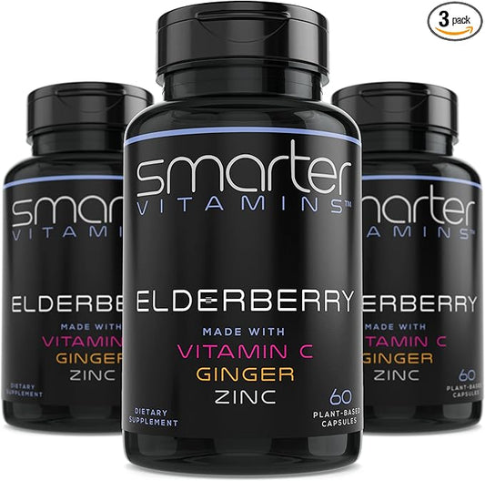 (3 Pack) Smarter Elderberry Capsules + Vitamin C + Ginger & Zinc, Herbal Supplement, Powerful Black Elder Berry Extract Antioxidant Vitamin, 180 Vegan Pills