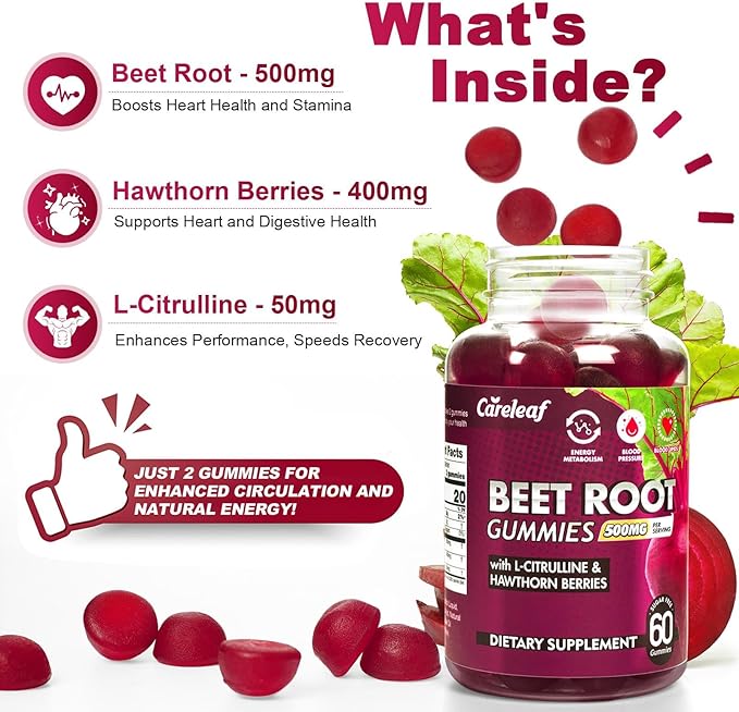 Sugar Free Vegan Beet Root Gummies for Blood Pressure, Beetroot Gummies with L-Citrulline and Hawthorn Extract, Peach Flavor Beet Chews for High Blood Pressure, 60 Count