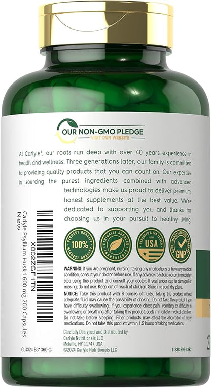 Carlyle Psyllium Husk Capsules | 1600mg | 200 Count | High Potency Fiber Supplement | Non-GMO, Gluten Free
