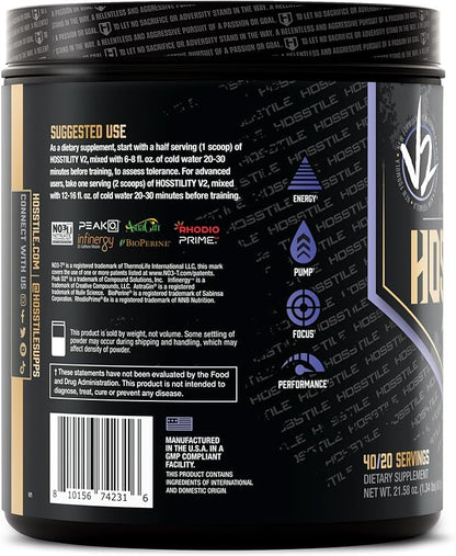 HOSSTILE Hosstility V2 Pre Workout, All-in-One Pre Workout Powder for Men and Women, Enhance Muscle Pump, Increase Energy, Boost Strength, Sharpen Focus, Blue Raspberry, 40/20 Servings