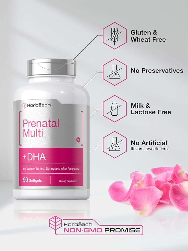 Horbäach Women's Prenatal Multivitamin with DHA, Iron and Folic Acid | 90 Softgels | Non-GMO & Gluten Free