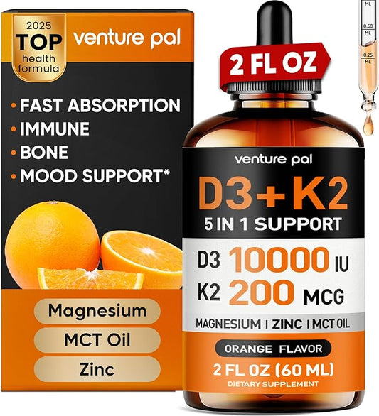 Venture Pal Vitamin D3 10000 iu Plus K2 (MK-7) 200 mcg Liquid Drops, Magnesium & Zinc MCT Oil | for Bone, Mood & Immune Health | High Absorption VIT K2 D3 Vitamin Supplement(Orange,2 Fl Oz)
