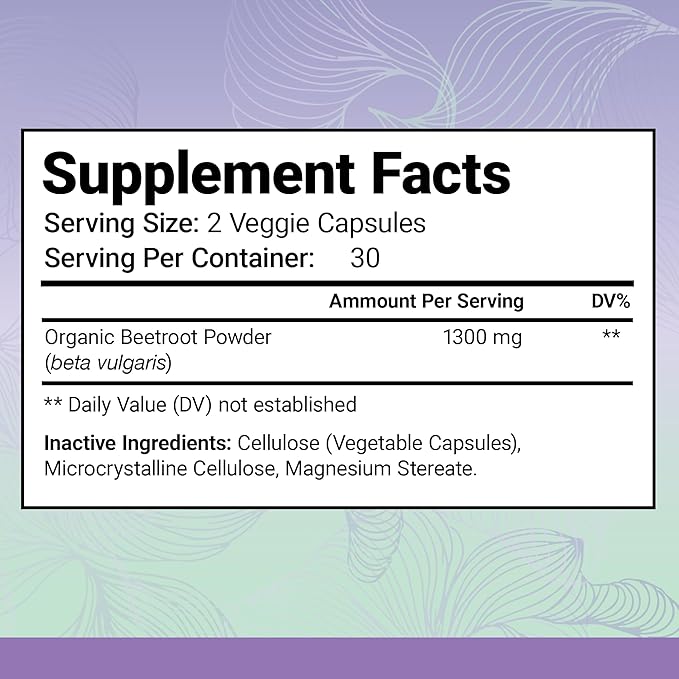 Organic Beet Root Capsules – Beets for High Blood Pressure, Immune Support & Heart Health with 1,300 mg Organic Beet Root Powder – Gluten Free, Vegan, No Added Sugar – 60 Capsules