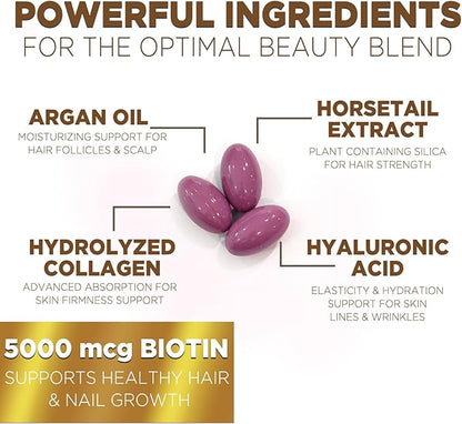 Hair Vitamins Women, Ultra Strength 5000mcg Biotin, Collagen, PABA & More - Womens Hair Growth, Skin, Nails & Keratin Support Supplement, Infused w/ Argan Oil & Hyaluronic Acid, Non-GMO - 120 Softgels