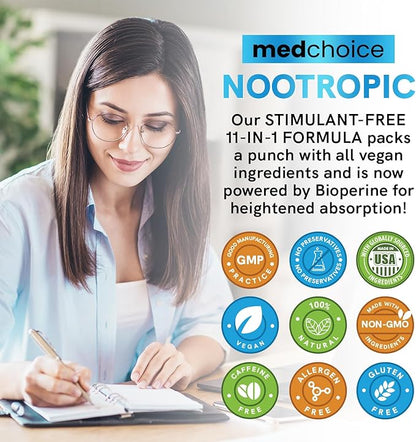 12-in-1 Nootropic Ginkgo Biloba for Brain Support, Memory and Focus - B12, Alpha GPC, L Theanine and Choline Supplements with Bioperine Non Caffeinated 1321mg (60ct)