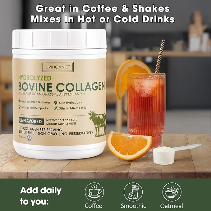 Collagen Peptides Powder Unflavored 15.9oz, Hydrolyzed Bovine Collagen 41 Servings Types I & III, Grass-Fed, Pasture-Raised Protein, Zero Sugar Supplement