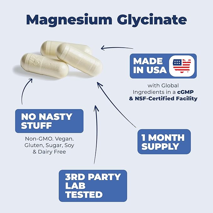 Magnesium Glycinate 200mg Capsules (Glicinato de Magnesio) - Chelated Magnesium 200mg for Restful Sleep, Relaxation, Mood Support, Leg & Muscle Comfort, Bone & Nervous System Health. 60 Vegan Capsules