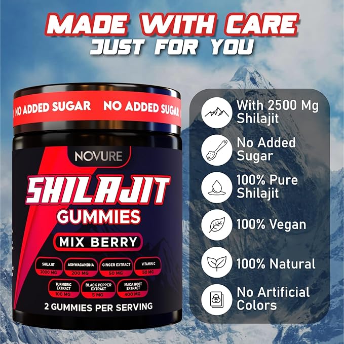 Pure Himalayan Shilajit Gummies, No Added Sugar, Ashwagandha, Maca Root, Turmeric Extract with Vitamin C, Non-GMO, 100% Natural & Organic (60 Count, Mix Berry)