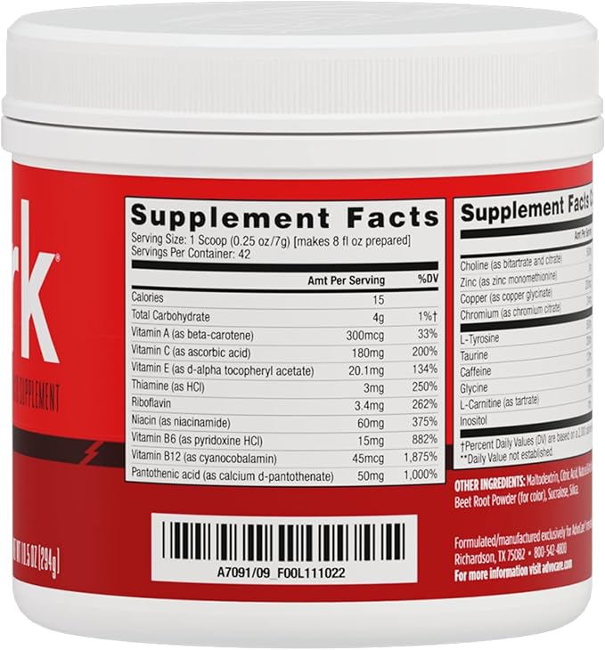 AdvoCare Spark Vitamin & Amino Acid Supplement - Focus & Energy Drink Powder Mix with Vitamin A, B-6, C & E - Also Includes L-Carnitine & L-Tyrosine - Cherry - 10.5 oz