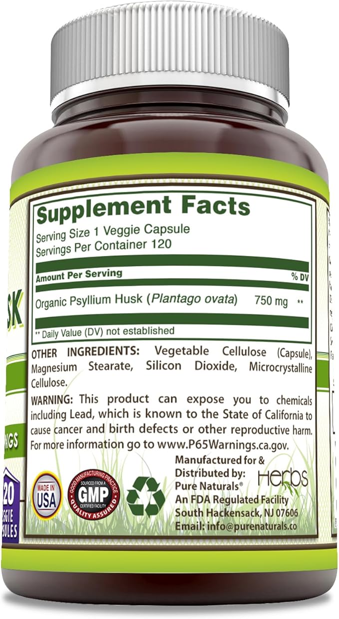 Pure Naturals Psyllium Husk Supplement | 750 Mg Per Serving | Veggie Capsules | Non-GMO | Gluten-Free | Made in USA (120 Count)