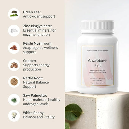 Nourished AndroEase Plus - Natural Balance Supplement for Women - Vegan Formula with Zinc & Saw Palmetto - 60 Capsules for Daily Wellness & Vitality - Made in USA