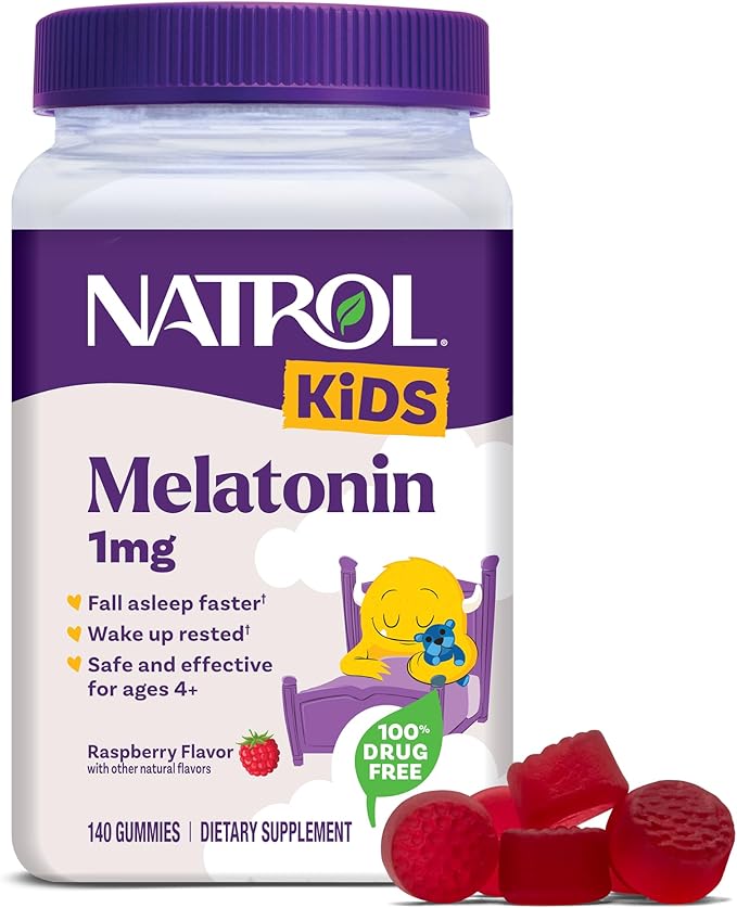 Natrol Kids Melatonin 1 mg, Dietary Supplement for Restful Sleep, Melatonin Gummies for Kids, 140 Raspberry-Flavored Gummies, Up to a 140 Day Supply