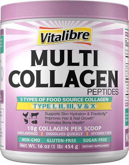 Multi Collagen Peptides Powder Type I II III V X, Hydrolyzed Collagen Protein for Women and Men, Skin, Hair, Nails, Unflavored, Non-GMO, Keto & GF, Zero Sugar, 45 Servings, 16oz