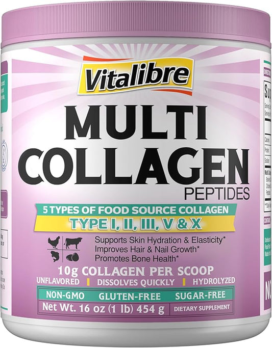 Multi Collagen Peptides Powder Type I II III V X, Hydrolyzed Collagen Protein for Women and Men, Skin, Hair, Nails, Unflavored, Non-GMO, Keto & GF, Zero Sugar, 45 Servings, 16oz