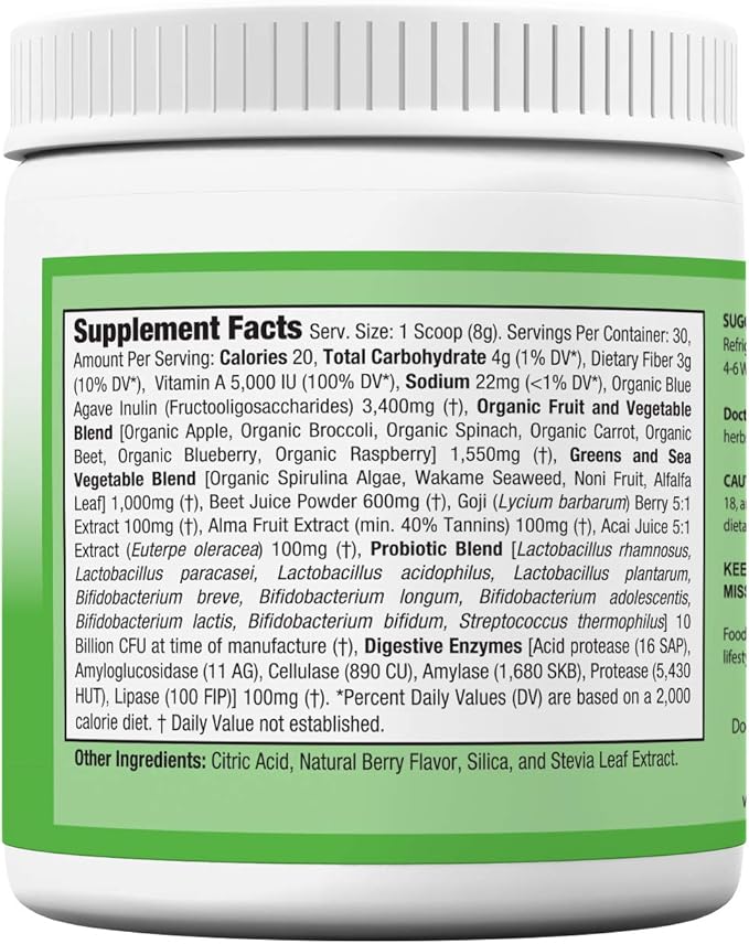 Doctor Recommended Greens Powder – Whole Food Nutritional Supplement – Probiotics and Digestive Enzymes – Berry Taste – Gluten-Free, Non-GMO, Dairy-Free, Caffeine-Free, No Artificial Sweeteners
