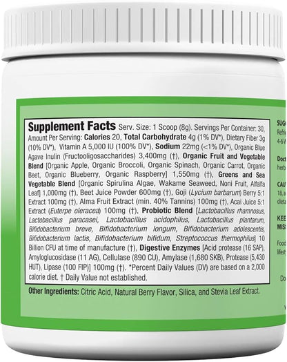 Doctor Recommended Greens Powder – Whole Food Nutritional Supplement – Probiotics and Digestive Enzymes – Berry Taste – Gluten-Free, Non-GMO, Dairy-Free, Caffeine-Free, No Artificial Sweeteners