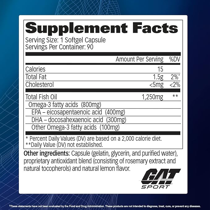 GAT SPORT Omega-3 Fish Oil, High Potency EPA, DHA, Brain, GLP1 Support, 90 Softgels