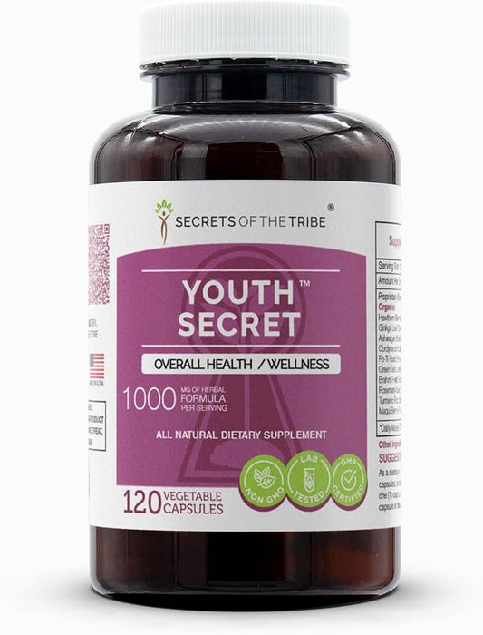 Youth Secret 120 Capsules, 1000 mg, Hawthorn, Ginkgo, Ashwagandha, Cordyceps, Fo-Ti Root, Green Tea, Brahmi, Rosemary, Turmeric, Maqui Berry. Overall Health/Wellness (120 Capsules)