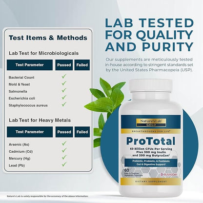Nature's Lab Gold ProTotal - 60 Billion CFU Probiotic, Prebiotic, Postbiotic, Synbiotic - with Butyragen (Direct Butyrate Generator) 60 Ct