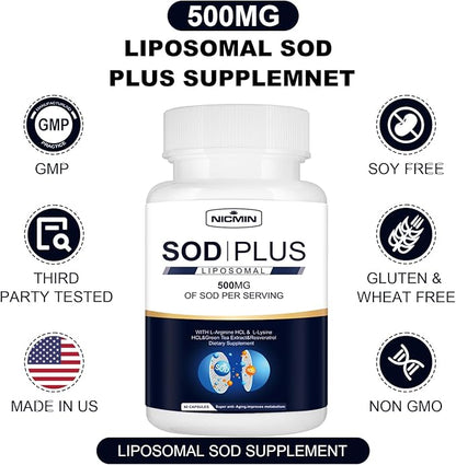 Superoxide Dismutase Supplement 500mg - SOD Plus with liposomal glutathione, AKG, Green Tea Extract, L-Arginine, Lysine, Resveratrol and Vitamin E for Immune Support, Antioxidant 60 Capsules