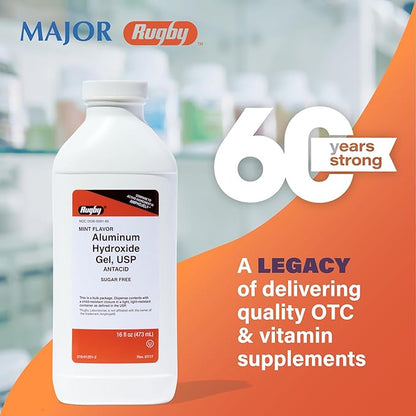Rugby 320 mg Aluminum Hydroxide Gel, USP - Antacid Liquid - Upset Stomach, Acid Indigestion, and Heartburn Relief - Sugar-Free - Mint Flavored - 16 Fl. Oz. (6 Pack)