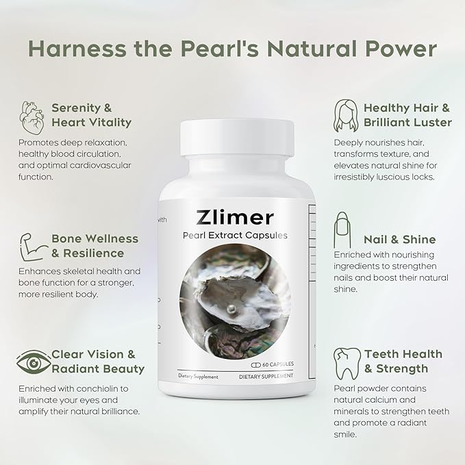 Organic Pearl Powder Capsules 1500mg | Natural Calcium, Amino Acids | Pure Pearl Extract for Enhanced Skin Radiance, Eye Health, and Nail Strength | Collagen Peptide | Non-GMO, Vegan, 60 Capsules