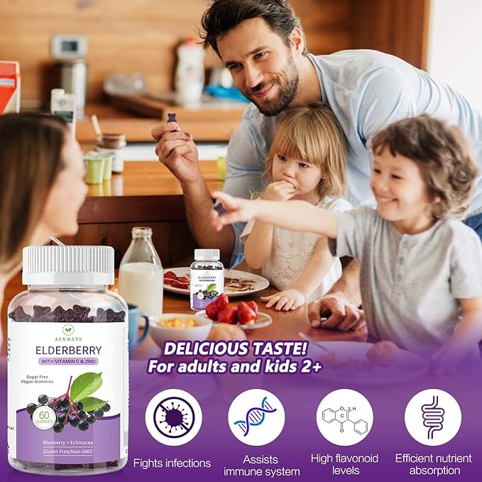 AFXMATE Sambucus Black Elderberry Gummies with Zinc and Vitamin C for Adults Kids Immune Support, Sugar Free 120 Counts