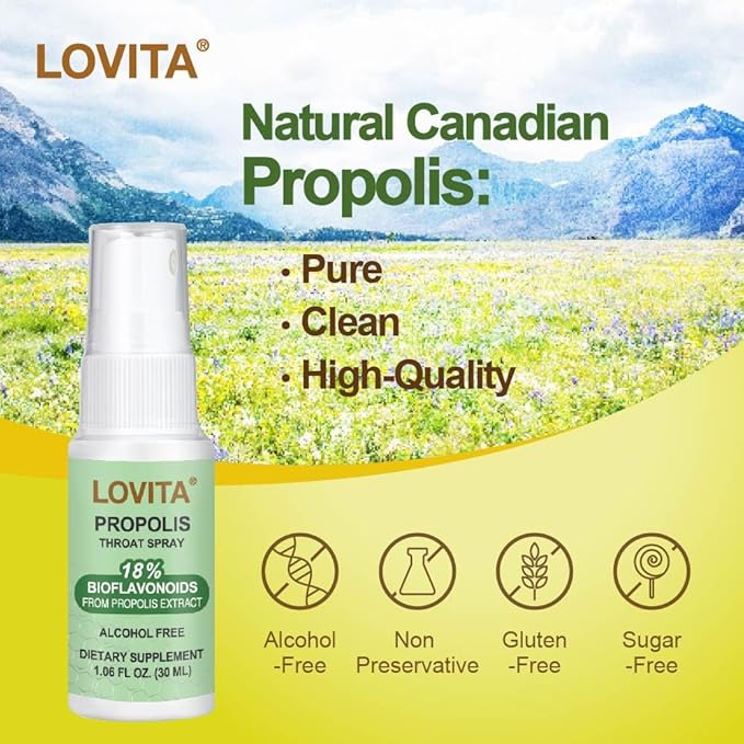Lovita Propolis Throat Spray, 18% Bioflavonoids, Sore Throat Relief, Alcohol-Free, Gentle and Tasty, 1 Fl Oz