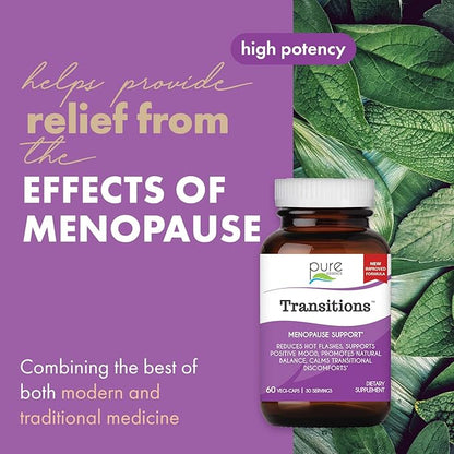 PURE ESSENCE LABS Transitions Vitamins for Women, Natural Menopause Relief Supplement to Promote Hormone Balance, Reduce Hot Flashes, Mood Swings & Night Sweats, 60 Capsules