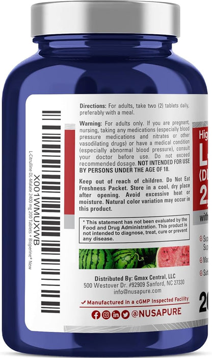 NusaPure L-Citrulline 2,400mg 200 Vegetarian Tablets (Non-GMO, Gluten Free, 100-Day Supply, Bioperine)