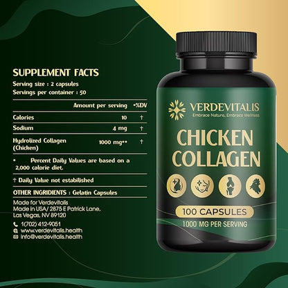 Chicken Collagen Capsules - Type II Collagen Nutritional Supplement for Joint, Skin & Bone Support-Non-GMO, Anti-Aging Supplements with Hydrolyzed Collagen Peptides - 100 Capsules