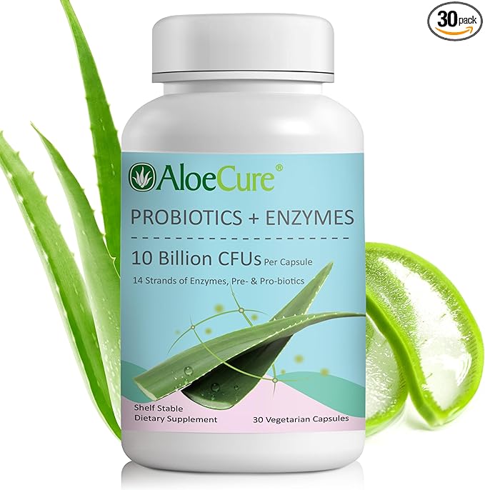 AloeCure Probiotics with 10 Billion CFU for Women's Health + Enzymes, Prebiotics, & Aloe Vera for Full Spectrum Support to Maximize Absorption & Gut Support for Men and Women, 30 Capsules