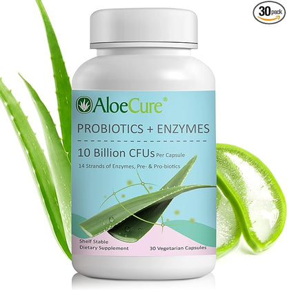 AloeCure Probiotics with 10 Billion CFU for Women's Health + Enzymes, Prebiotics, & Aloe Vera for Full Spectrum Support to Maximize Absorption & Gut Support for Men and Women, 30 Capsules