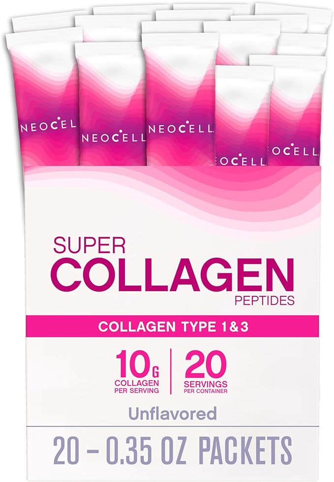NeoCell Super Collagen Peptides, 10 g Collagen/Single-Serve Packet; Keto Certified, Gluten Free; for Healthy Skin, Hair, Nails and Joint Support;* Unflavored Powder, 20 Servs, 7 Oz.