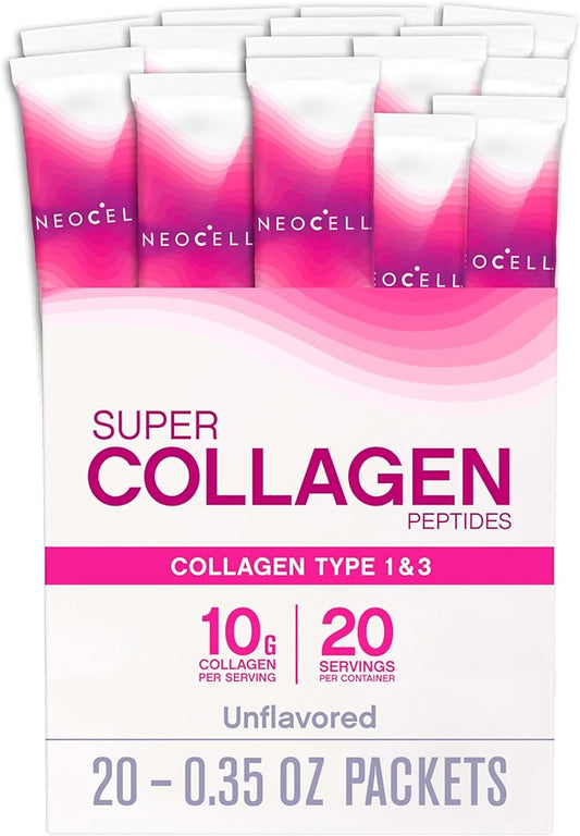 NeoCell Super Collagen Peptides, 10 g Collagen/Single-Serve Packet; Keto Certified, Gluten Free; for Healthy Skin, Hair, Nails and Joint Support;* Unflavored Powder, 20 Servs, 7 Oz.