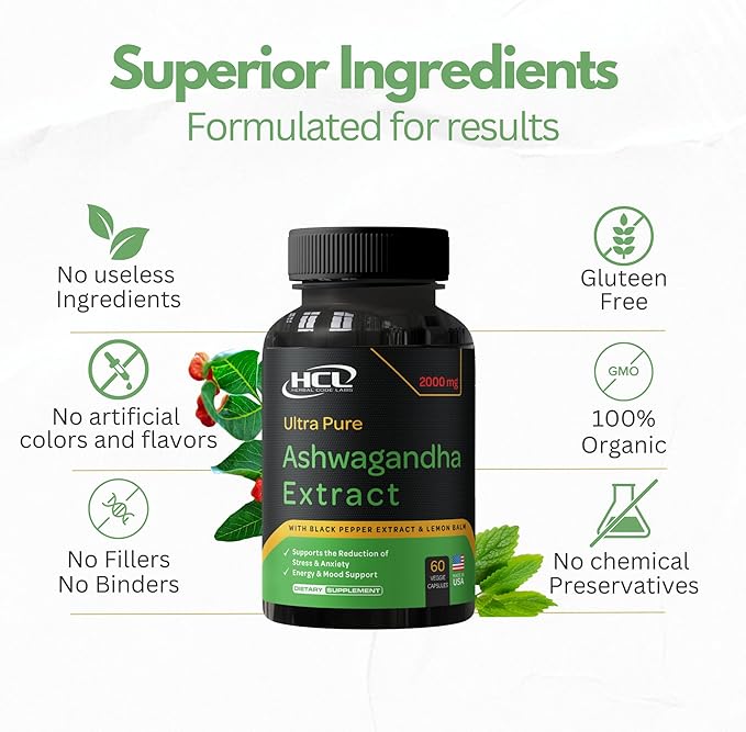 Organic Ashwagandha Capsules 2000 MG Root Powder Extract with Black Pepper & Lemon Balm 2 Month Supply - Natural Way to Relieve Stress