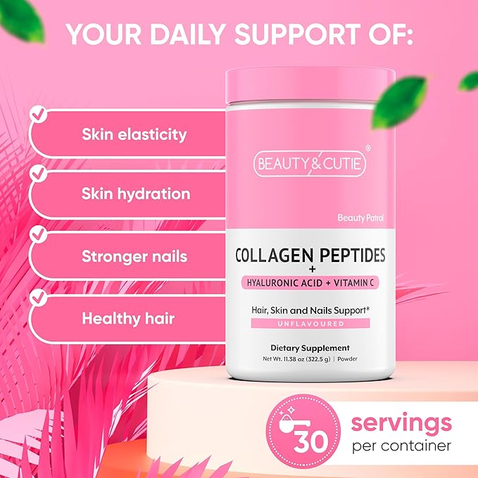 Collagen Peptides 10g with Hyaluronic Acid 120 mg and Vitamin C Powder, Hair, Skin and Nails Support, Grass Fed, Unflavored, 11.38 oz