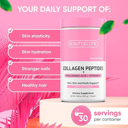Collagen Peptides 10g with Hyaluronic Acid 120 mg and Vitamin C Powder, Hair, Skin and Nails Support, Grass Fed, Unflavored, 11.38 oz