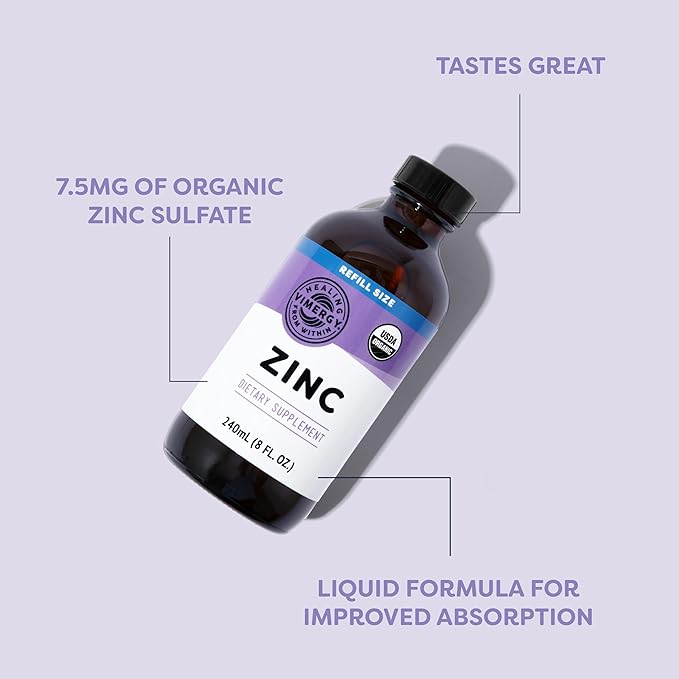 Vimergy Organic Zinc Supplements For Women & Men (7.5mg Liquid Zinc Per Serving) Fast-Absorbing Immune Support, Promotes Healthy Bones & Skin, USDA Certified Organic, Vegan, Up to 120 Servings (240mL)